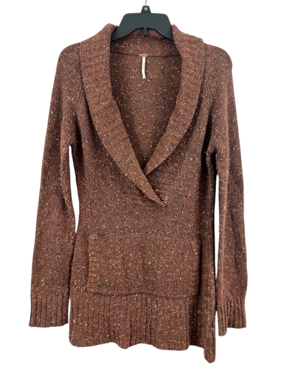 Free People Shawl Collar Confetti Brown Long Tunic Sweater Kangaroo Pocket